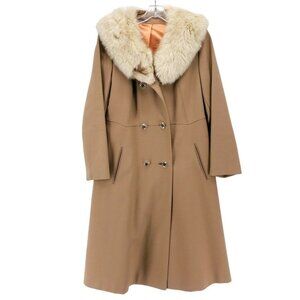 Lorendale Pure Wool Woman's Coat Beige Vintage Fur Collar MADE IN USA